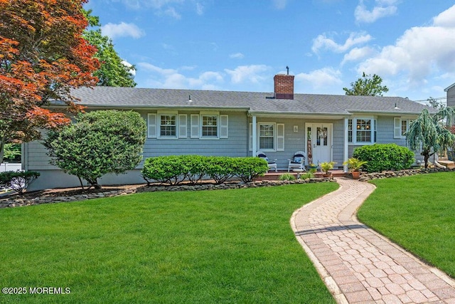 708 Schoolhouse Rd, Brielle, NJ 08730 - ranch-style home with a chimney, a front yard, a porch, and roof with shingles