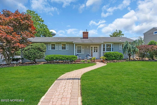 708 Schoolhouse Rd, Brielle, NJ 08730 - ranch-style home featuring a chimney, a front yard, and a shingled roof
