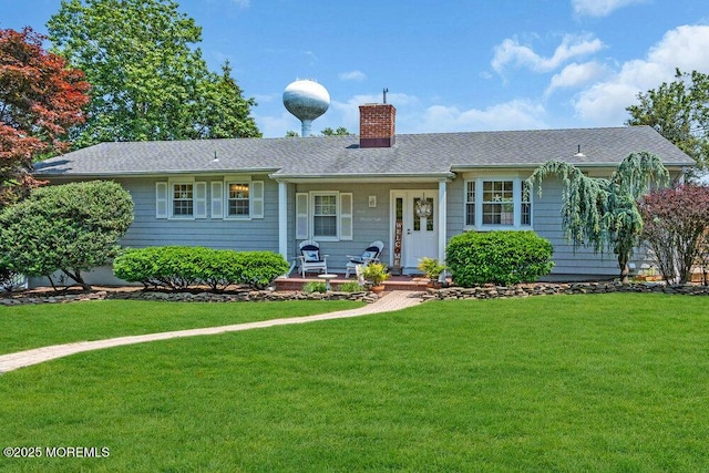 708 Schoolhouse Rd, Brielle, NJ 08730 - ranch-style house featuring a chimney, a front lawn, roof with shingles, and covered porch