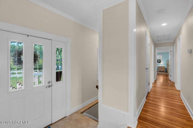 708 Schoolhouse Rd, Brielle, NJ 08730 - foyer featuring crown molding, light wood-style flooring, and recessed lighting