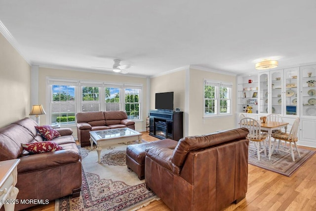 708 Schoolhouse Rd, Brielle, NJ 08730 - living room with ornamental molding, healthy amount of natural light, light wood-style flooring, and a ceiling fan