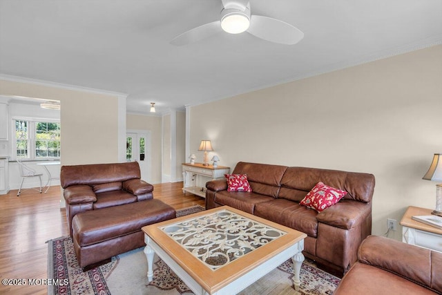 708 Schoolhouse Rd, Brielle, NJ 08730 - living room featuring ornamental molding, wood finished floors, and ceiling fan