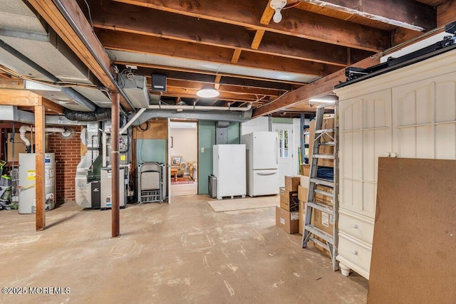 708 Schoolhouse Rd, Brielle, NJ 08730 - unfinished below grade area with water heater, freestanding refrigerator, and heating unit