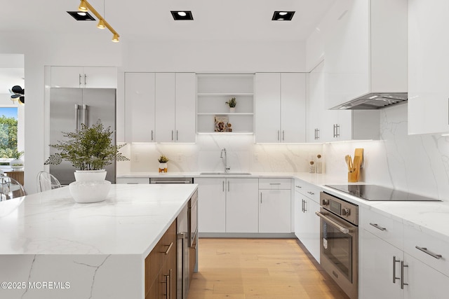 4 Boat Club Ct Unit 3E, Red Bank, NJ 07701 - kitchen with stainless steel oven, open shelves, black electric cooktop, white cabinetry, and light wood-type flooring