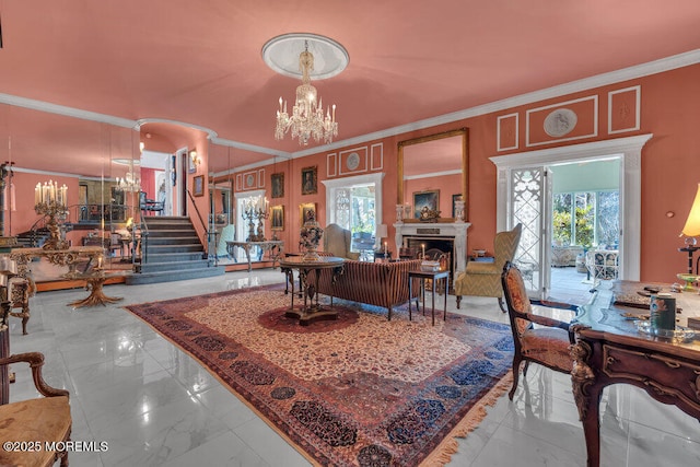 310 Cooper Rd Unit C, Red Bank, NJ 07701 - living area with a chandelier, crown molding, a fireplace, plenty of natural light, and marble finish floors