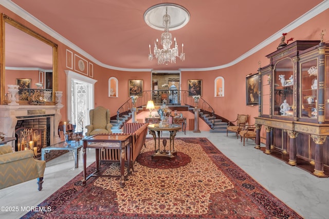 310 Cooper Rd Unit C, Red Bank, NJ 07701 - living area with stairs, a chandelier, a lit fireplace, marble tiled floors, and crown molding