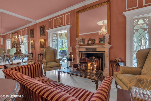 310 Cooper Rd Unit C, Red Bank, NJ 07701 - living room with a chandelier, ornamental molding, and a fireplace