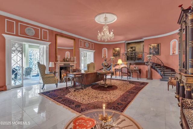 310 Cooper Rd Unit C, Red Bank, NJ 07701 - office space featuring marble tiled floors, a chandelier, a fireplace, and crown molding