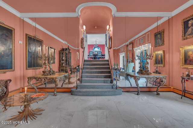 310 Cooper Rd Unit C, Red Bank, NJ 07701 - stairs with marble look tiles, crown molding, and a decorative wall