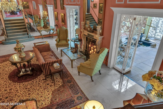 310 Cooper Rd Unit C, Red Bank, NJ 07701 - living room with stairway, marble finish floors, and a fireplace