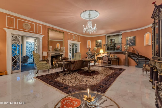 310 Cooper Rd Unit C, Red Bank, NJ 07701 - living room featuring marble tiled floors, a fireplace, a chandelier, crown molding, and stairway