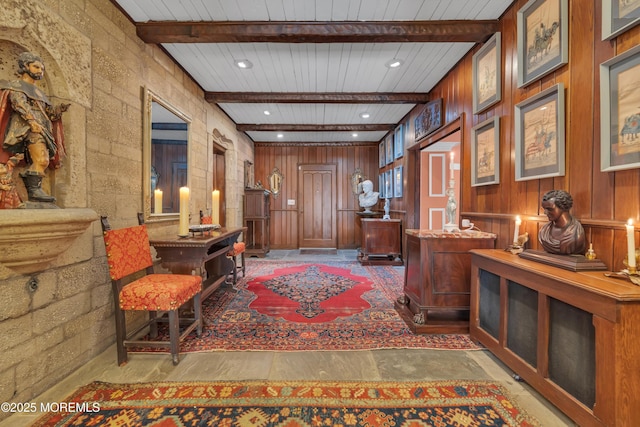 310 Cooper Rd Unit C, Red Bank, NJ 07701 - office area featuring wood walls, a wooden ceiling with exposed beams, and recessed lighting
