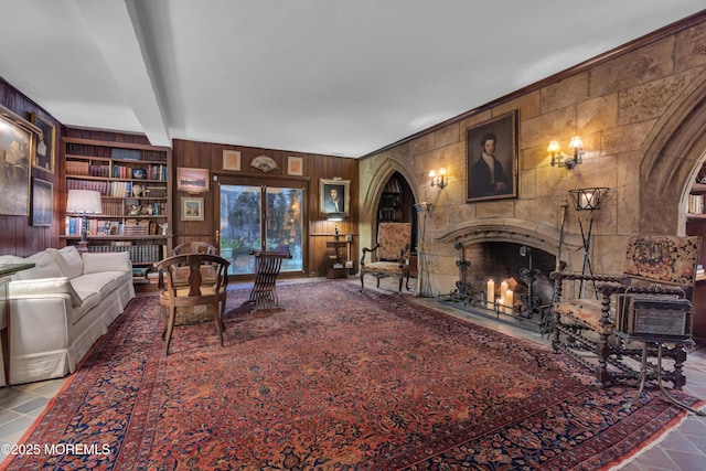 310 Cooper Rd Unit C, Red Bank, NJ 07701 - living area with a tile fireplace, wood walls, beam ceiling, and arched walkways