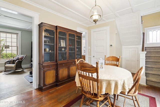 699 River Rd, Fair Haven, NJ 07704 - dining room with dark wood-style floors, stairway, and ornamental molding
