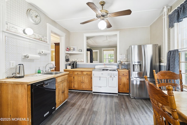 699 River Rd, Fair Haven, NJ 07704 - kitchen featuring stainless steel refrigerator with ice dispenser, dishwasher, white range with gas stovetop, open shelves, and dark wood-type flooring