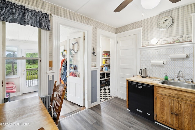 699 River Rd, Fair Haven, NJ 07704 - kitchen featuring dishwasher, ceiling fan, wallpapered walls, dark wood-style flooring, and brown cabinets