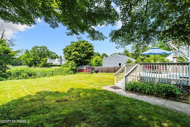 699 River Rd, Fair Haven, NJ 07704 - fenced backyard featuring a shed and a wooden deck