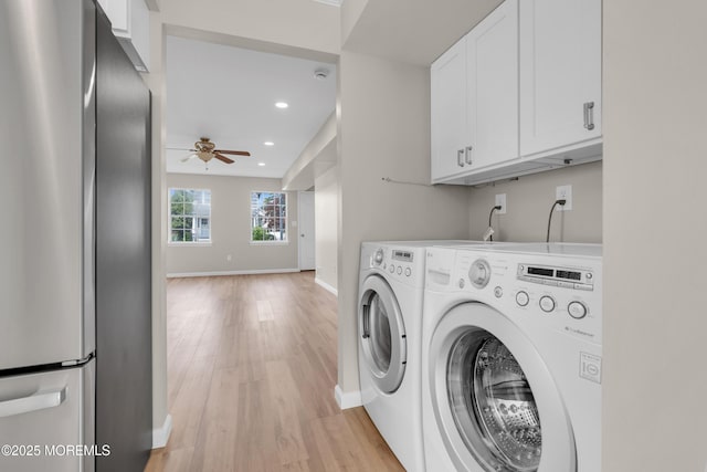 34-1 Green Grove Ave, Keyport, NJ 07735 - laundry room with light wood-style floors, ceiling fan, recessed lighting, washer and dryer, and cabinet space