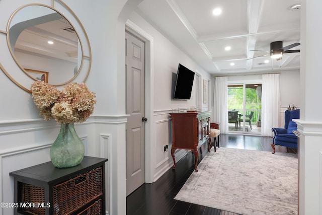 8 Clement Ln, Leonardo, NJ 07737 - living room with a decorative wall, a ceiling fan, dark wood-type flooring, beamed ceiling, and coffered ceiling