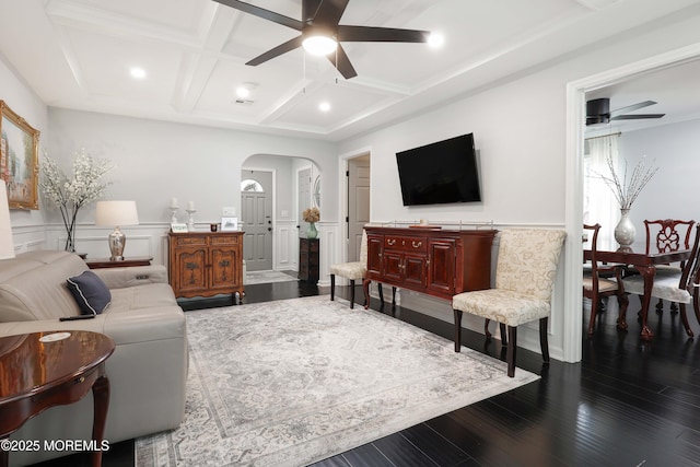 8 Clement Ln, Leonardo, NJ 07737 - living area featuring ceiling fan, coffered ceiling, arched walkways, wainscoting, and dark wood finished floors