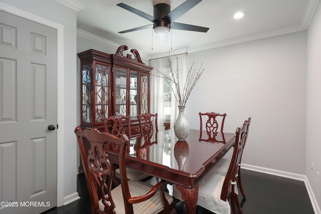 8 Clement Ln, Leonardo, NJ 07737 - dining area featuring ceiling fan, dark wood-type flooring, crown molding, and recessed lighting