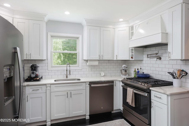 8 Clement Ln, Leonardo, NJ 07737 - kitchen with appliances with stainless steel finishes, custom range hood, white cabinetry, backsplash, and recessed lighting