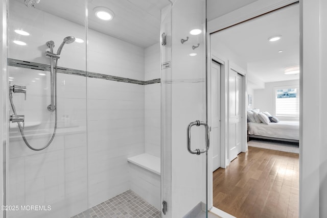 150 Ocean Ave Unit 6, Sea Bright, NJ 07760 - ensuite bathroom featuring a shower stall, wood finished floors, and recessed lighting