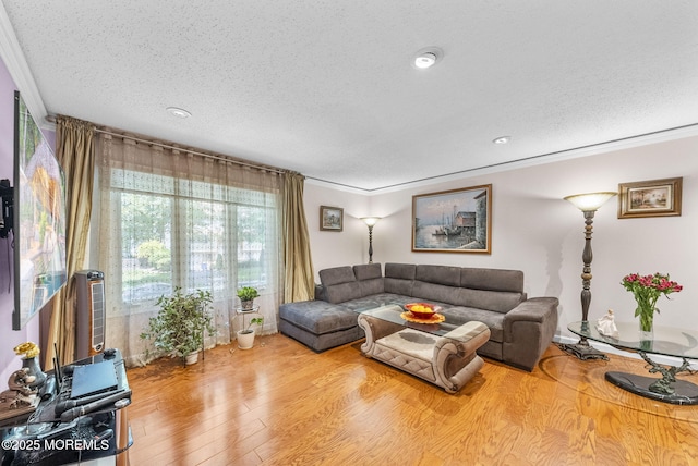 35 Lone Star Ln, Manalapan, NJ 07726 - living room featuring ornamental molding, wood finished floors, a textured ceiling, and recessed lighting