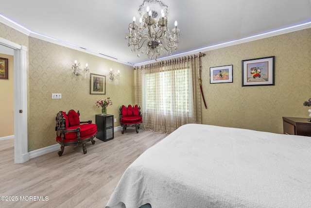 35 Lone Star Ln, Manalapan, NJ 07726 - bedroom featuring ornamental molding, wood finished floors, a chandelier, wallpapered walls, and baseboards
