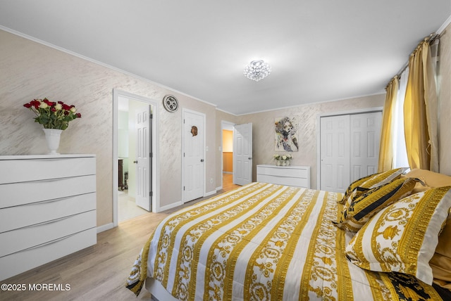 35 Lone Star Ln, Manalapan, NJ 07726 - bedroom featuring crown molding, wood finished floors, a closet, baseboards, and ensuite bathroom