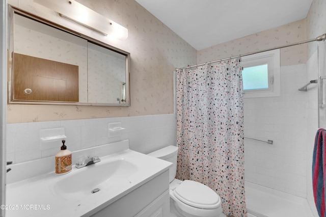 5 Oregon Dr Unit B, Whiting, NJ 08759 - bathroom with toilet, vanity, a shower stall, a wainscoted wall, and wallpapered walls