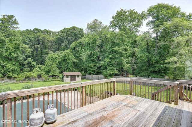 19 Northwoods Rd, Ocean Twp, NJ 07712 - wooden deck with a fenced backyard, a shed, and a pool
