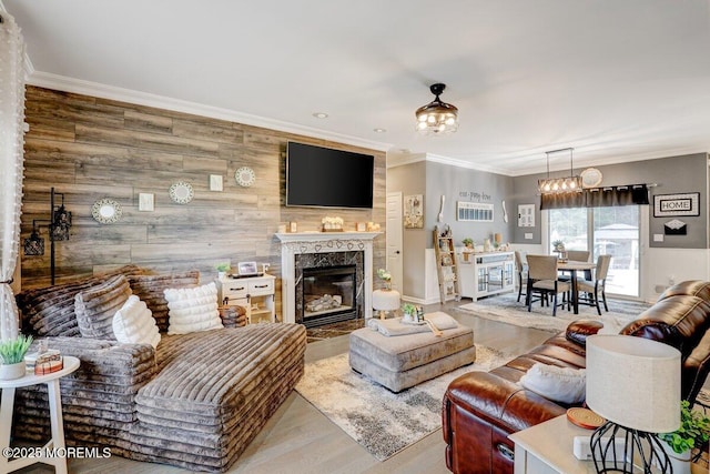 3 Kindling Way, Jackson, NJ 08527 - living area with wood finished floors, crown molding, wood walls, and a premium fireplace