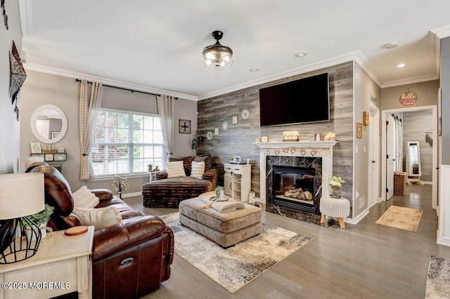3 Kindling Way, Jackson, NJ 08527 - living room with ornamental molding, wood finished floors, a fireplace, and recessed lighting