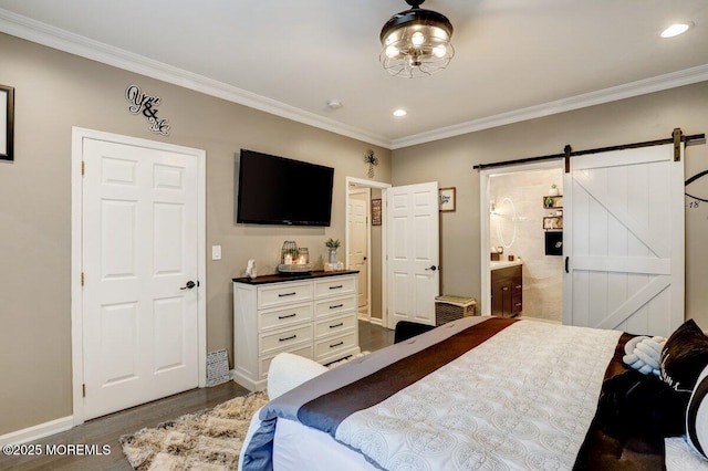 3 Kindling Way, Jackson, NJ 08527 - bedroom with ornamental molding, a barn door, wood finished floors, recessed lighting, and ensuite bath