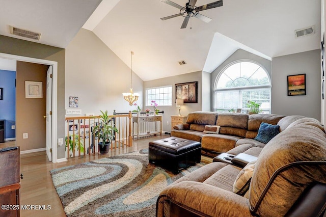 3 Kindling Way, Jackson, NJ 08527 - living room with a ceiling fan, light wood-style floors, a chandelier, and vaulted ceiling