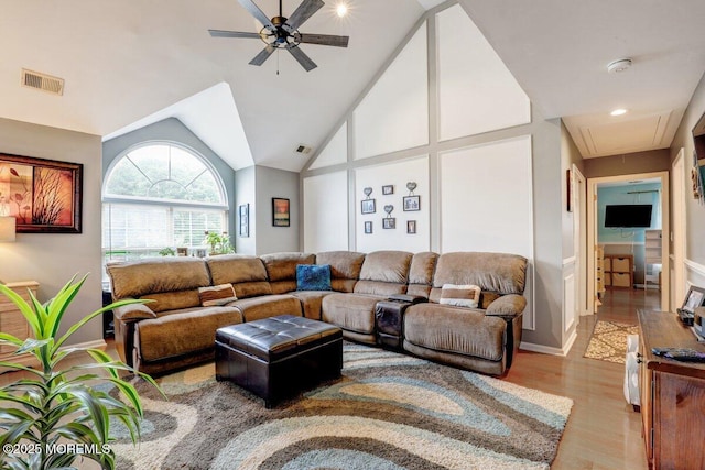 3 Kindling Way, Jackson, NJ 08527 - living room featuring attic access, a ceiling fan, light wood finished floors, and vaulted ceiling