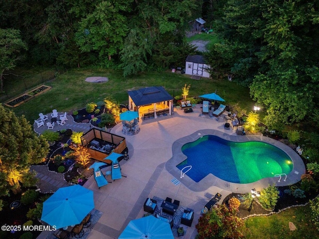 3 Kindling Way, Jackson, NJ 08527 - swimming pool featuring outdoor dining space, a gazebo, a patio, and a storage unit