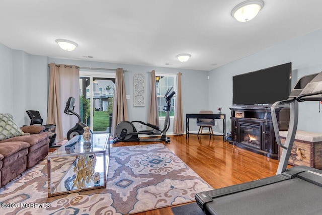 9 Olivia Dr, Tinton Falls, NJ 07712 - workout area with wood finished floors and a glass covered fireplace