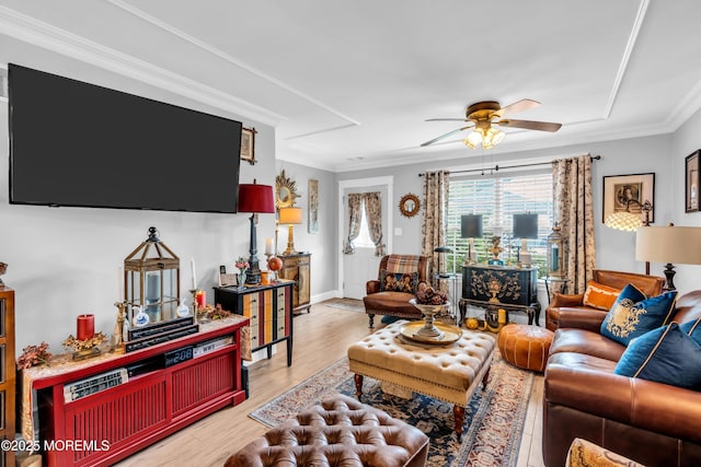 75 Farnworth Close Unit 1000, Freehold, NJ 07728 - living room featuring a ceiling fan, ornamental molding, and light wood finished floors