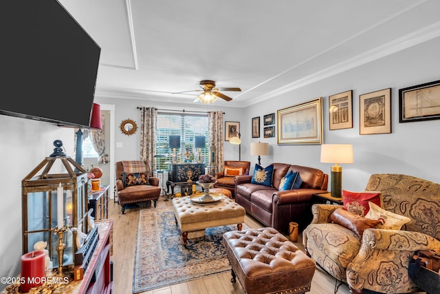 75 Farnworth Close Unit 1000, Freehold, NJ 07728 - living room featuring a ceiling fan, light wood finished floors, and crown molding