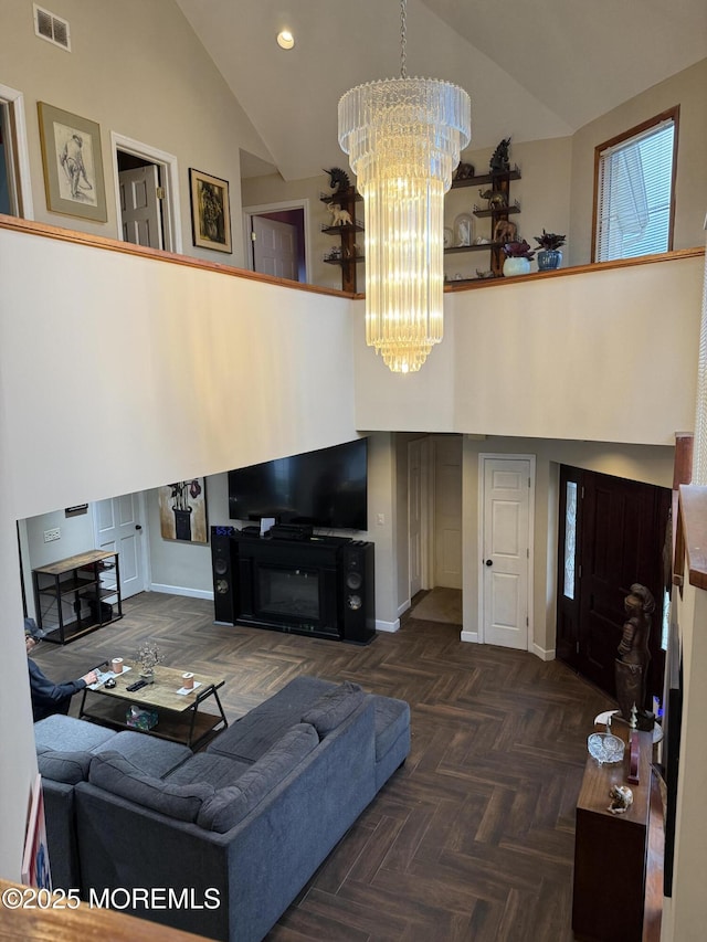 300 Allenhurst Ave, Neptune Township, NJ 07753 - living room featuring a chandelier, baseboards, recessed lighting, and high vaulted ceiling