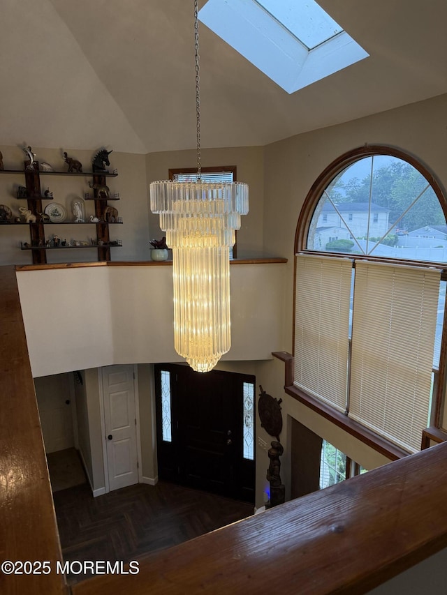 300 Allenhurst Ave, Neptune Township, NJ 07753 - entrance foyer with a chandelier, a skylight, healthy amount of natural light, and lofted ceiling