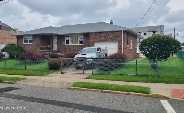 354 Alpine St, Perth Amboy City, NJ 08861 - view of front of house with an attached garage, brick siding, a fenced front yard, a chimney, and concrete driveway
