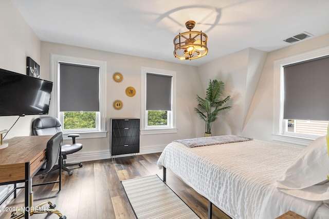 51 Oakland St, Red Bank, NJ 07701 - bedroom featuring baseboards, a chandelier, dark wood finished floors, and an office area