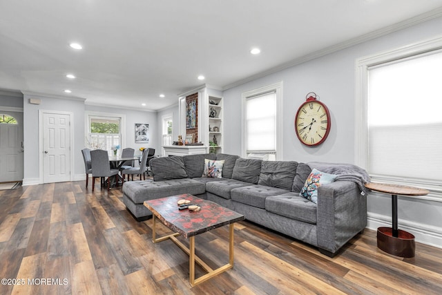 51 Oakland St, Red Bank, NJ 07701 - living area with ornamental molding, dark wood-style floors, recessed lighting, and baseboards