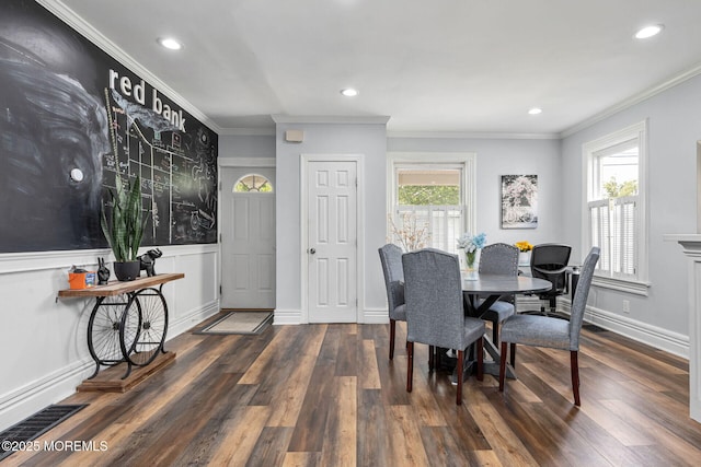 51 Oakland St, Red Bank, NJ 07701 - dining space featuring wood finished floors, ornamental molding, recessed lighting, and baseboards