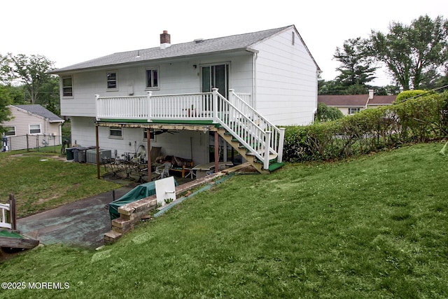 18 Kingsport Dr, Howell, NJ 07731 - back of house with a patio, a chimney, stairs, a wooden deck, and a shingled roof