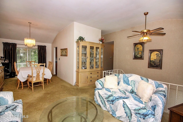 18 Kingsport Dr, Howell, NJ 07731 - living room featuring vaulted ceiling, a chandelier, light carpet, and ceiling fan