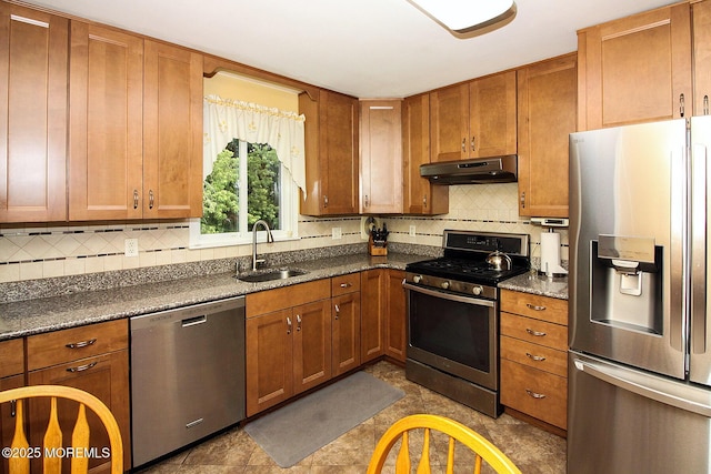 18 Kingsport Dr, Howell, NJ 07731 - kitchen featuring appliances with stainless steel finishes, under cabinet range hood, dark countertops, and decorative backsplash